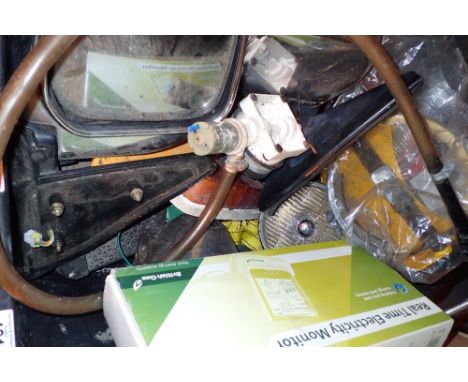 Box of garage items to include tools spotlights and a pair of wing mirrors and electricity monitor 