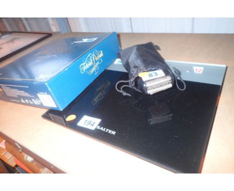 Braun electric razor set of Salter digital scales and a box of Trvial Pursuit games