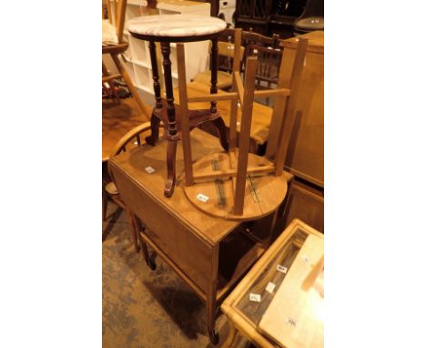 Oak tea trolley with drop leaf marble topped side table and tripod base folding table 