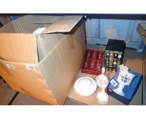 Box of mixed household items including ceramics books Royal Worcester presentation cup Studio Pottery etc 