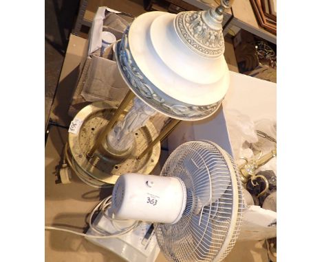 Three branch ceiling lights desk fan and a lamp