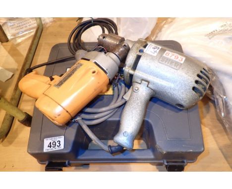 Sher electric drill with Black and Decker drill and a box of hand tools 