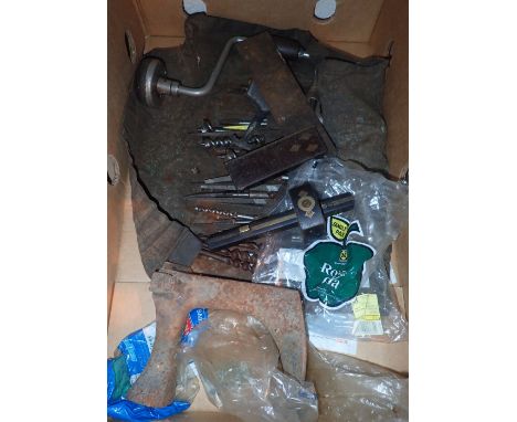 Box of vintage tools including tool roll hand drill and some mahogany and brass joners tools 