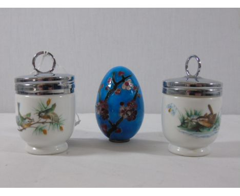 Pr Royal Worcester egg coddlers and a cloisonne eggs
