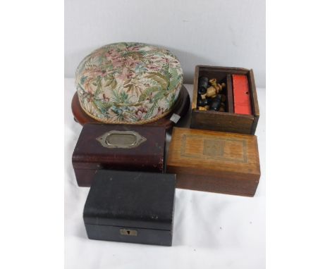 Vintage chess pieces, Victorian foot stool and 3 boxes