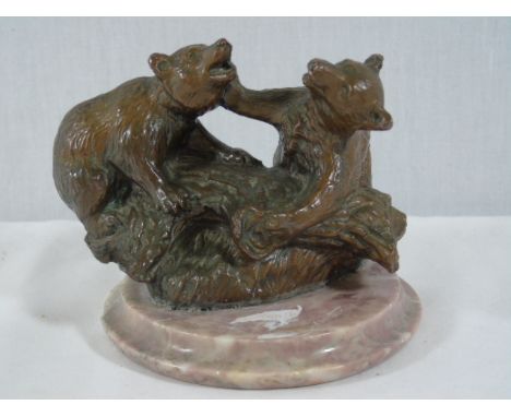 Cast bronze figure of 2 bear cubs playing approx. 5" x 4" on marble base