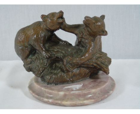 Cast bronze figure of 2 bear cubs playing approx. 5" x 4" on marble base