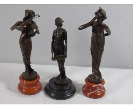 3 Small Art Nouveau cast bronze figures each approx. 8" tall
