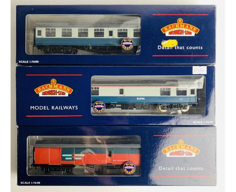 2x Bachmann MK2 Blue Grey Coaches &amp;1x RES Parcels Full Brake  - All Coaches Fitted with P4 Wheel Sets - Boxed. P&amp;P Gr