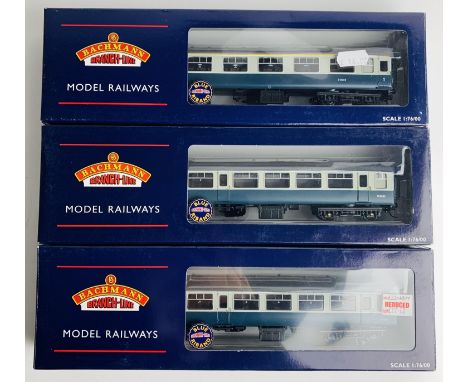 3x Bachmann MK2 Blue Grey Coaches - All Coaches Fitted with P4 Wheel Sets - Boxed. P&amp;P Group 2 (£18+VAT for the first lot