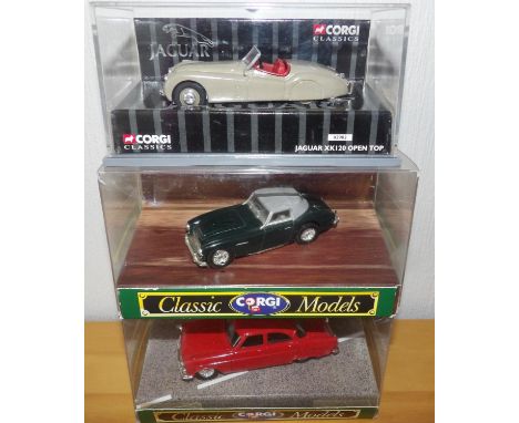 Three Corgi cars, JAguar XK120, Austin Healey 3000 and Ford Zephyr Saloon. P&amp;P Group 2 (£18+VAT for the first lot and £2+