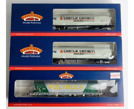 2x Bachmann 38-301 Castle Cement Wagons with P4 Wheel sets &amp; 1x 38-426 Polybulk Wagon with P4 Wheels set - But OO Gauge W