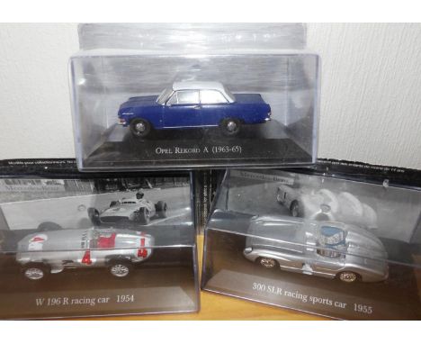 Two Mercedes Collection 1954 W196 R 300 SLR and a Hachette Opel Rekord A all 1.43 scale. P&amp;P Group 2 (£18+VAT for the fir