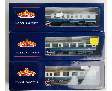 3x Bachmann MK2 Blue Grey Coaches - All Coaches Fitted with P4 Wheel Sets - Boxed. P&amp;P Group 2 (£18+VAT for the first lot
