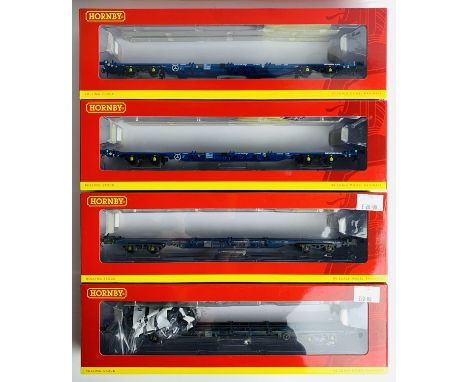 4x Hornby KFA Container Flat Wagons - Fitted with P4 Wheel Sets, OO Gauge Wheels Supplied in Boxes - All Boxed. P&amp;P Group