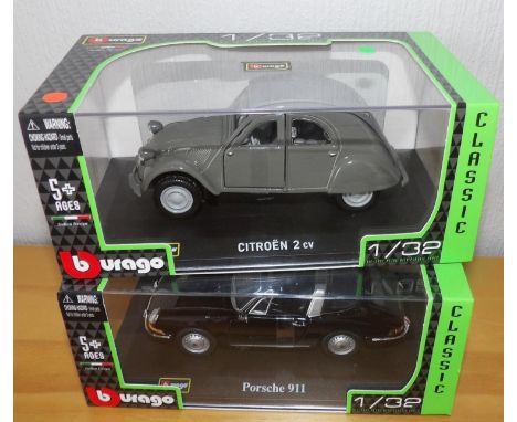 Burago 1:32 scale Porsche 911 and Citroen 2CV. P&amp;P Group 2 (£18+VAT for the first lot and £2+VAT for subsequent lots) 