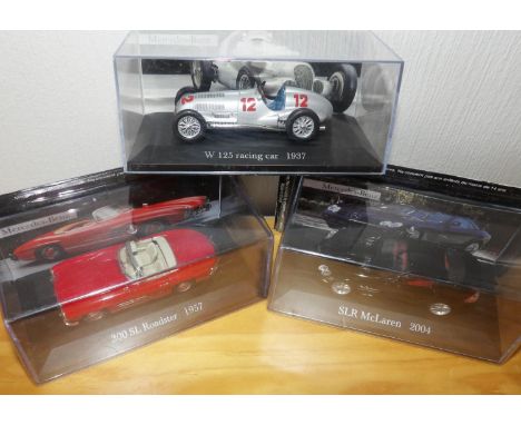 Three Mercedes Collection 1 x W 125 Race Car, 1 x 300 SL Roadster and 1 x McLaren all 1:43 scale. P&amp;P Group 2 (£18+VAT fo