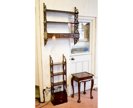 WALL SHELVES, Chippendale style with pierced sides and three drawers below, 77cm x 22cm x 90cm H, plus a set of wall shelves 
