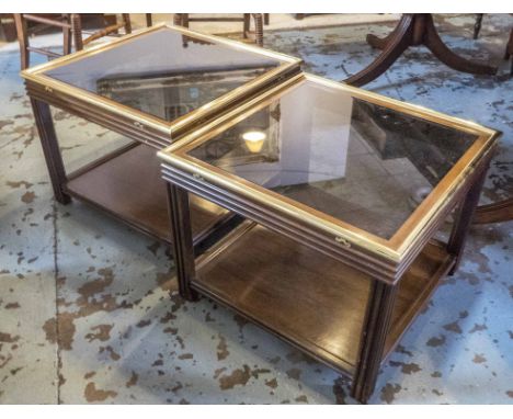 LAMP TABLES, a pair, late 20th century, mahogany with smoked glass tops and brass trim, each 60cm x 60cm x 46cm H. (2)