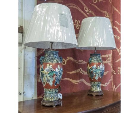 LAMPS, a pair, vase shaped ceramic and Chinoiserie decorated with shades, marks to underside, 80cm H. (2)