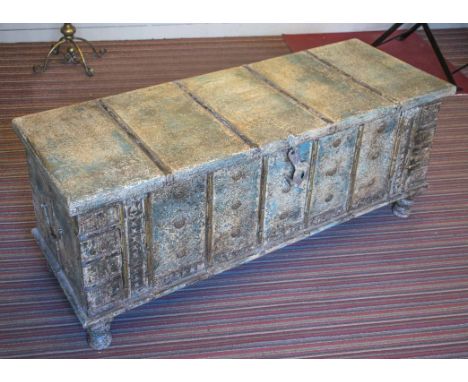 TRUNK, Far Eastern hardwood in metal bound blue distressed finish with hinged top and side handles, 51cm H x 126cm x 46cm.