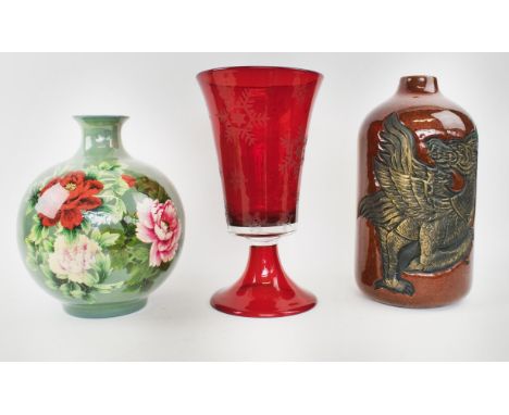 RED GLASS CENTRE PIECE VASE, 36cm H an ovoid Chinese ceramic vase decorated chrysanthemum blooms, 30cm H, and a deep red bott