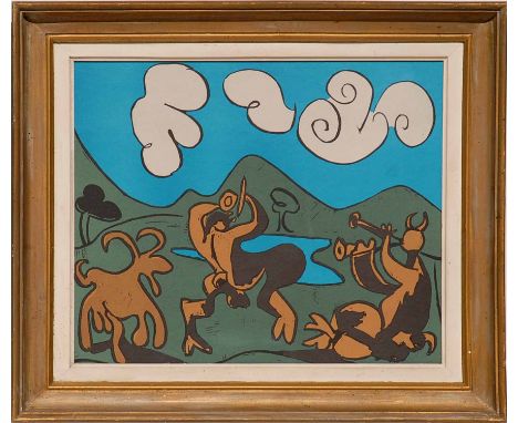 PABLO PICASSO 'Bacchanal and Flute Player', off-set lithograph, 45cm x 55cm, framed and glazed.