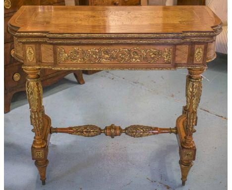 CARD TABLE, 19th century French Louis XVI style mahogany, burr walnut, marquetry and parquetry and gilt metal mounted foldove