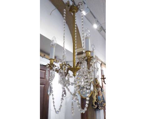 CHANDELIER, gilt metal with four naturalistic lighting arms hung faceted beaded chains and drops, approx 60cm H. (with faults