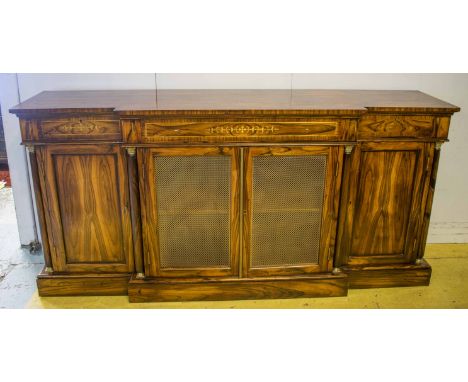BREAKFRONT SIDEBOARD, Regency style rosewood and brass inlaid with three drawers above two brass grille and two panel doors, 