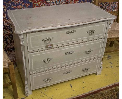 COMMODE, 19th century German painted with three drawers, 79cm H x 104cm x 53cm H. (with faults)