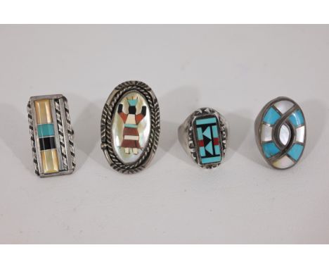 (4) Assorted Native American Inlaid Rings. Rings marked verso.Ring Sizes (L-R): 7.25 / 7.5 / 12 / 9.25Weights (L-R): 12 / 8 /