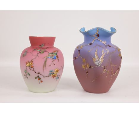 L: Satin Glass Vase w/ Bird MotifR: Loetz "Alpenrot" Decor Jeweled Art Glass Vase.Heights: 8 / 9.25 in.