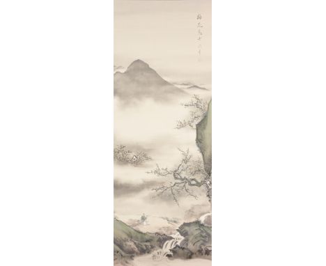Chinese, Nanga School Watercolor Scroll Painting.  Watercolor/Ink on paper.  With old label verso.  Calligraphy signed upper 