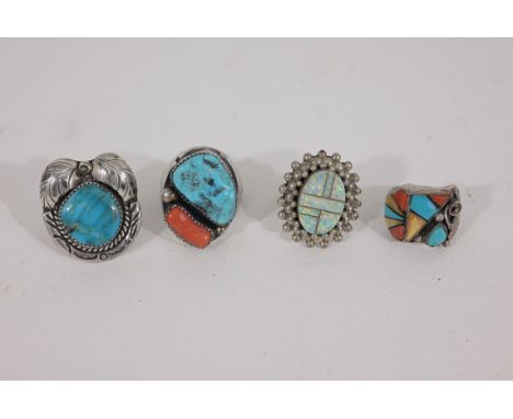 (4) Assorted Native American Inlaid Rings. Rings marked verso.Ring Sizes (L-R): 7 / 11 / 6 / 9.75Weights (L-R): 10 / 34 / 10 