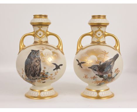 (2) Royal Worcester Gilded Porcelain Vases w/ Bird Motifs. Both marked on base.Heights: 11.25 in.