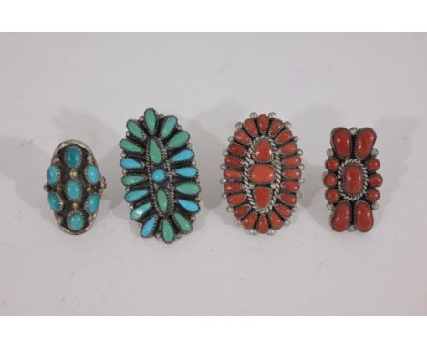 (4) Assorted Native American Turquoise & Coral Silver Rings. All signed verso on rings.Ring Sizes (L-R): 5 / 6.5 / 7 /  7Weig