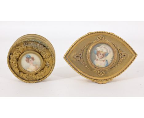 (2) French Gilt Boxes with Hand Painted Portraits.Dimensions (L-R): 1.5 x 2 5/8 / 1.5 x 4 1/8 x 3 in.