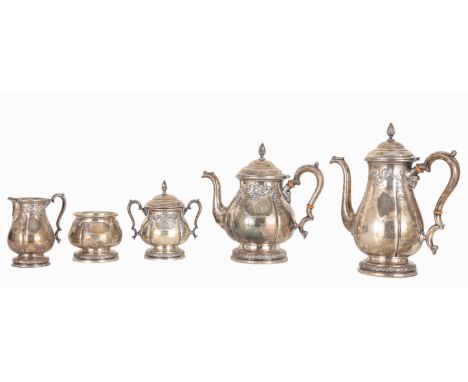5 pc. International Sterling Silver Tea Set.  Marked on bottom.  Total Weight: 2386 g. Dimensions: (L-R):