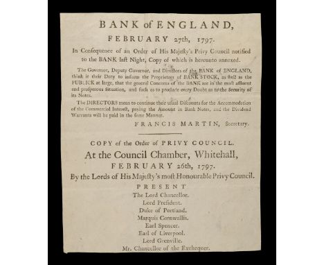 Bank of England Broadside. Bank of England, February 27th, 1797, in consequence of an order of His Majesty’s Privy Council no