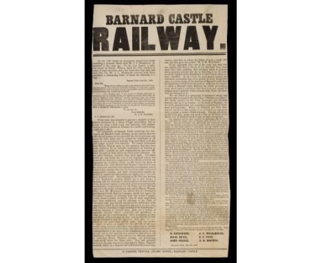 Railways. Barnard Castle Railway [caption-title], Barnard Castle: R. Barker, 23 November 1853, printed broadside, trimmed to 