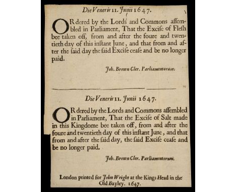 [English Civil War]. Three Broadsides issuing Parliament Orders, 1647, each a single sheet broadside, the first with 2 orders