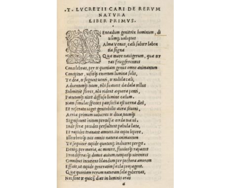 Lucretius Carus (Titus). De rerum natura libri VI, Florence: Filippo Giunta, 1512, [8], 125, [13], ff., italic letter, freque