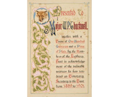 Fox-hunting. 'Ledbury Hunt - Major W. P. Thackwell's Testimonial - 1901' [cover-title], calligraphic manuscript in black and 