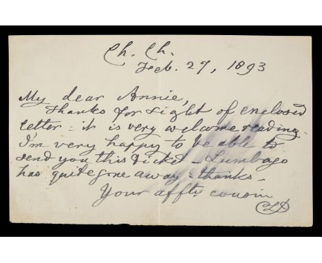 * Dodgson (Charles Lutwidge, 'Lewis Carroll', 1832-1898). Autograph letter initialled 'CLD', Ch[rist] Ch[urch] Oxford, 27 Feb