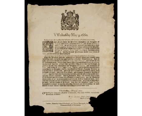 * Restoration of Charles II. Wednesday May 9. 1660. Resolved upon the Question by the Lords and Commons assembled in Parliame