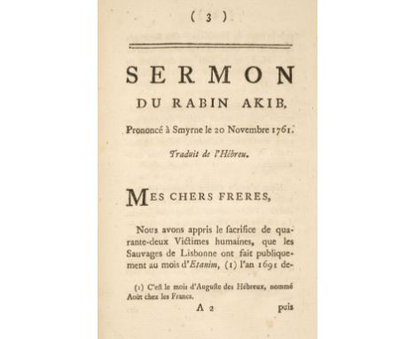 [Voltaire]. Sermon du rabin Akib, prononcé à Smyrne le 20 Novembre 1761. Traduit de l'Hébreu [caption-title], [London?: no pu