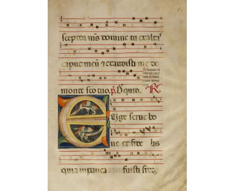 * [Continental illuminations]. Antiphonary or gradual leaf with large figurative initial 'E', Northern Italy, 15th century, m