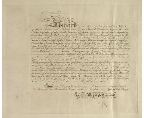 * Edward VII (King of Great Britain and Ireland, 1841-1910). Document signed 'Edward R &amp; I', St James, 1 April 1908, an e