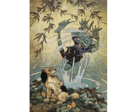 * Folkard (Charles, 1878-1963). 'Plash-Splash gave a leap in the air and vanished into the water', 1928, pen, ink, and waterc